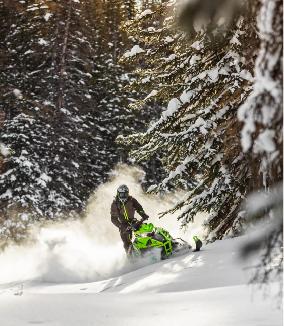 Person kör grön snöskoter av märket Arctic Cat genom snöig skog med granar.