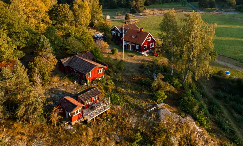 Flygbild över en lantlig gård med röda stugor omgivna av grönska, träd och åkermark i kvällsljus.