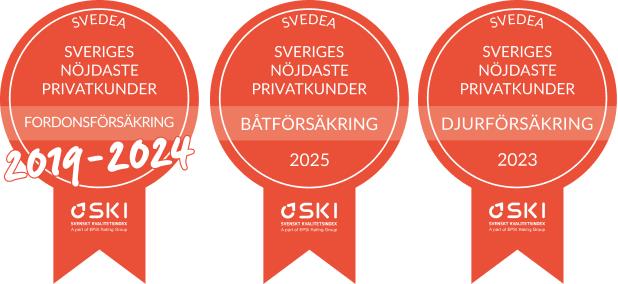 Sveriges nöjdaste kunder inom fordonsförsäkring 2019–2024, båtförsäkring 2025 och djurförsäkring 2023.