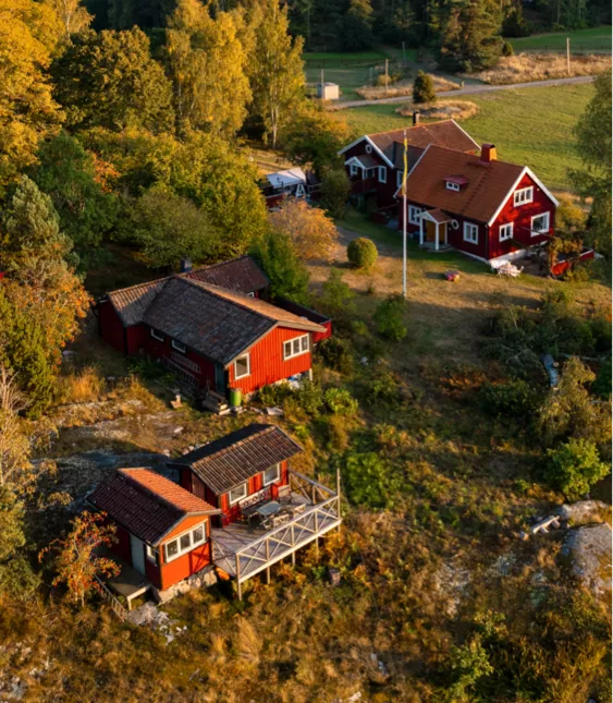 Flygbild över en lantlig gård med röda stugor omgivna av grönska, träd och åkermark i kvällsljus.