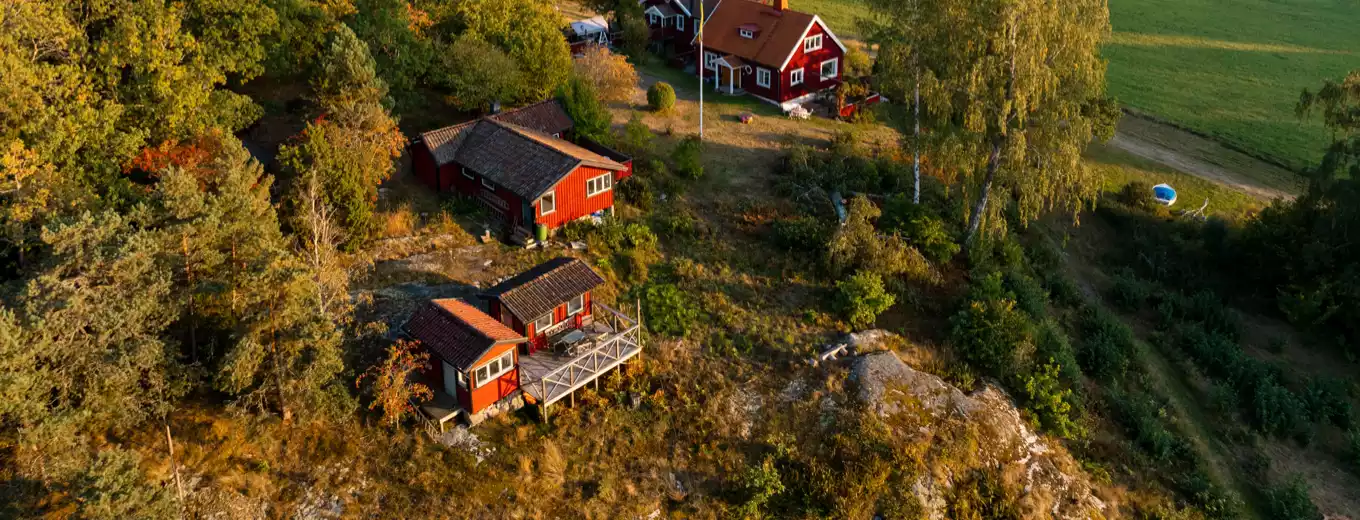 Flygbild över en lantlig gård med röda stugor omgivna av grönska, träd och åkermark i kvällsljus.